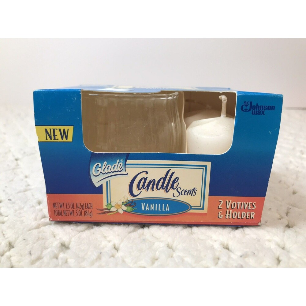 Glade Candle Scents Original Vanilla Scent Kit 2 Votives 1 Glass Holder Jar NOS